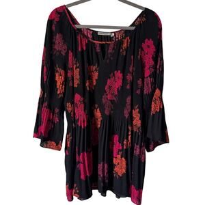 Avenue Sz 5X Boho Blouse Dark Floral Smocking Crinkle Gauze 3/4 Sleeve Peasant